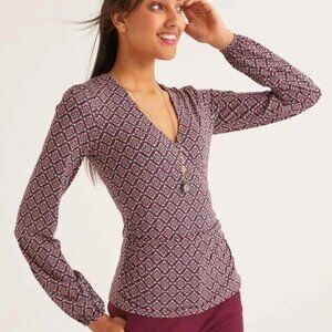 Boden Elodie Jersey Faux Wrap Stretch Jersey Knit Top Diamond Floral Purple 10